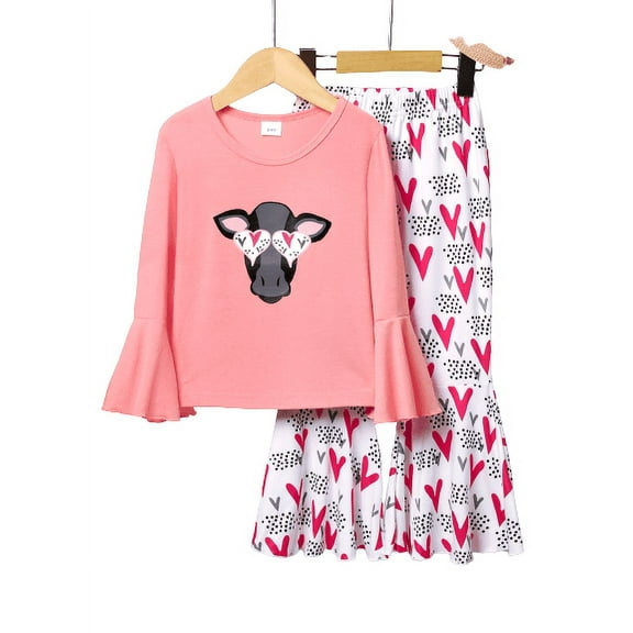 Mikrdoo 3T Toddler Baby Girls Outfits Cow Print Flare Long Sleeve Casual Tops Elastic Heart Print Bell-bottomed Trousers 2Pcs Fall Winter Clothinng Sets 3-4 Years Pink