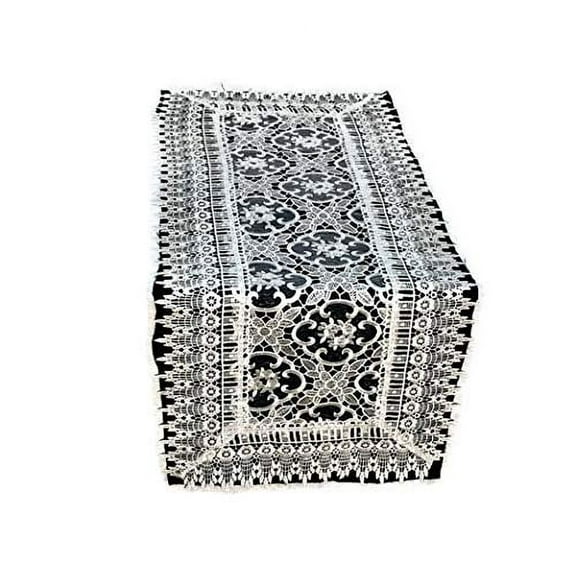 Doily Boutique Table Runner with Antique White Flowers on Sheer Fabric and Lace, Size 34 x 15 inches