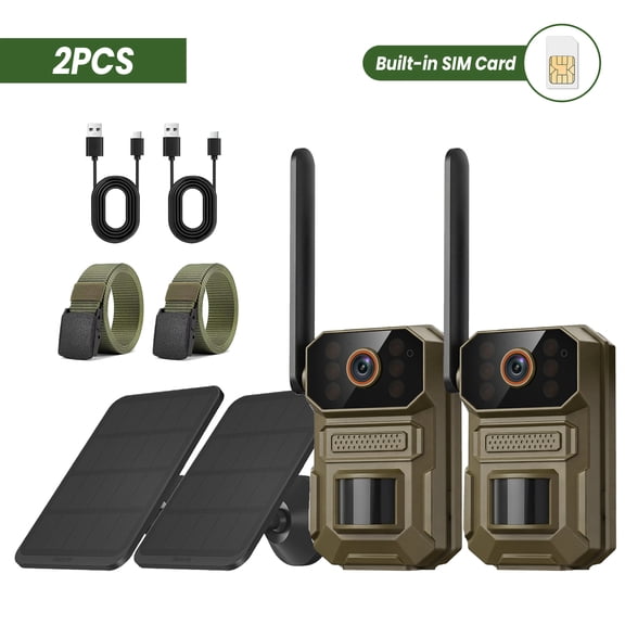 2PCS 4G LTE Trail Camera with FREE Solar Panel, 3K Wildlife Camera, PIR Motion Detection, Night Vision, IP65 Waterproof, Remote Monitoring