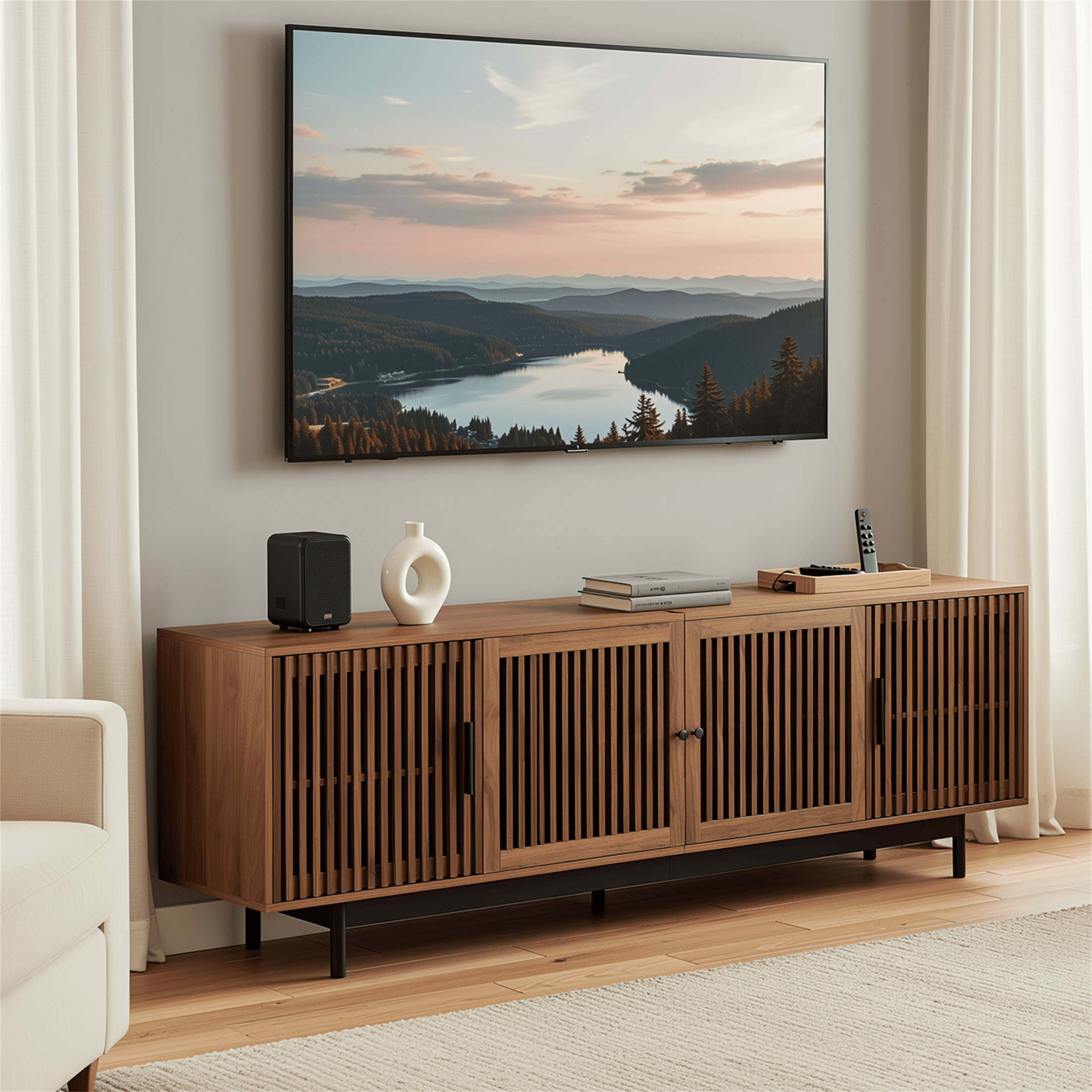 Homy Casa 78.7" Rustic Brown TV Stand for 80" TVs with 4 Slatted Cabinet Doors and Cable Management