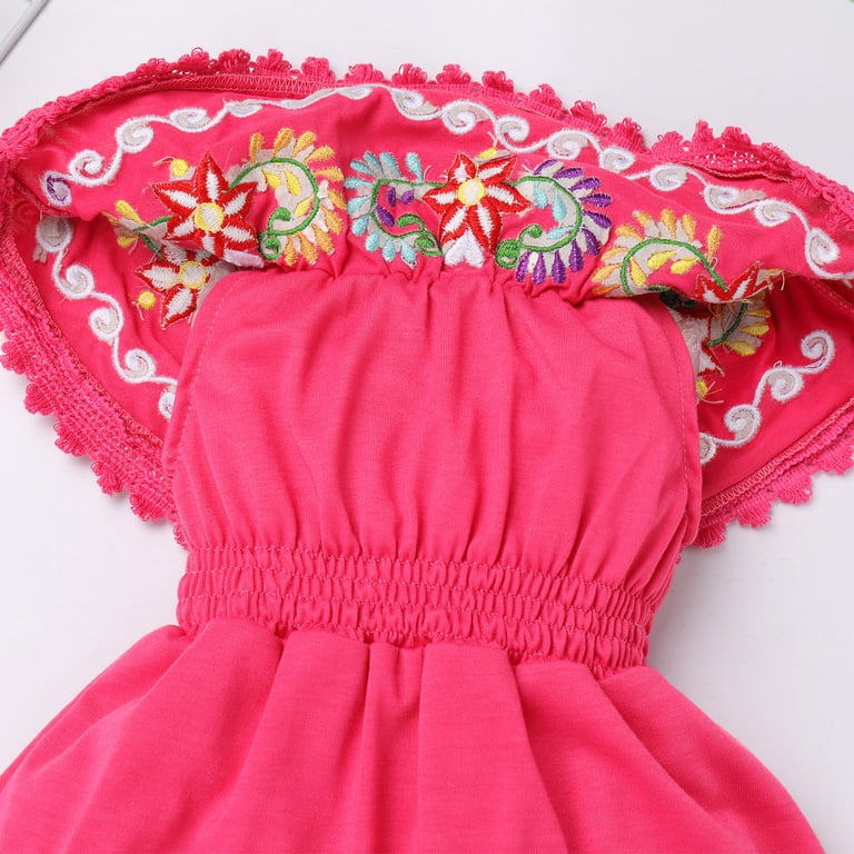 Idopip Toddler Baby Girls Floral Embroidered Mexican Dress Ethnic Wear Off-Shoulder Sundress 5-6 Years,Baby Pink, Infant Girl's