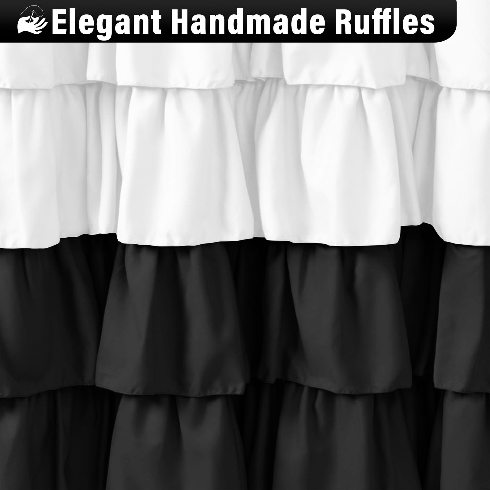 Seasonwood Black and White Ruffle Shower Curtain,Farmhouse Fabric Bathroom Curtain,72" x 72"