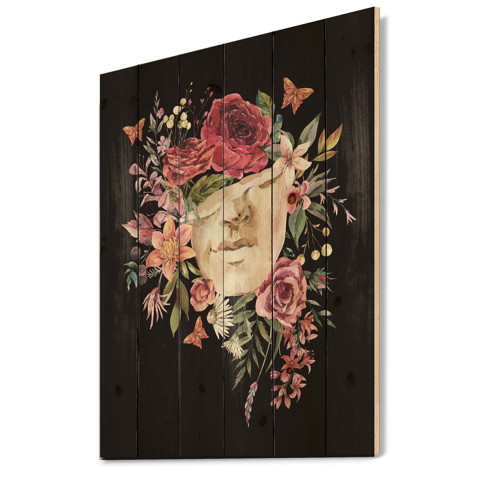 Designart 'Ancient Greek Sculpture Detail With Dry Flowers' Traditional Print on Natural Pine Wood