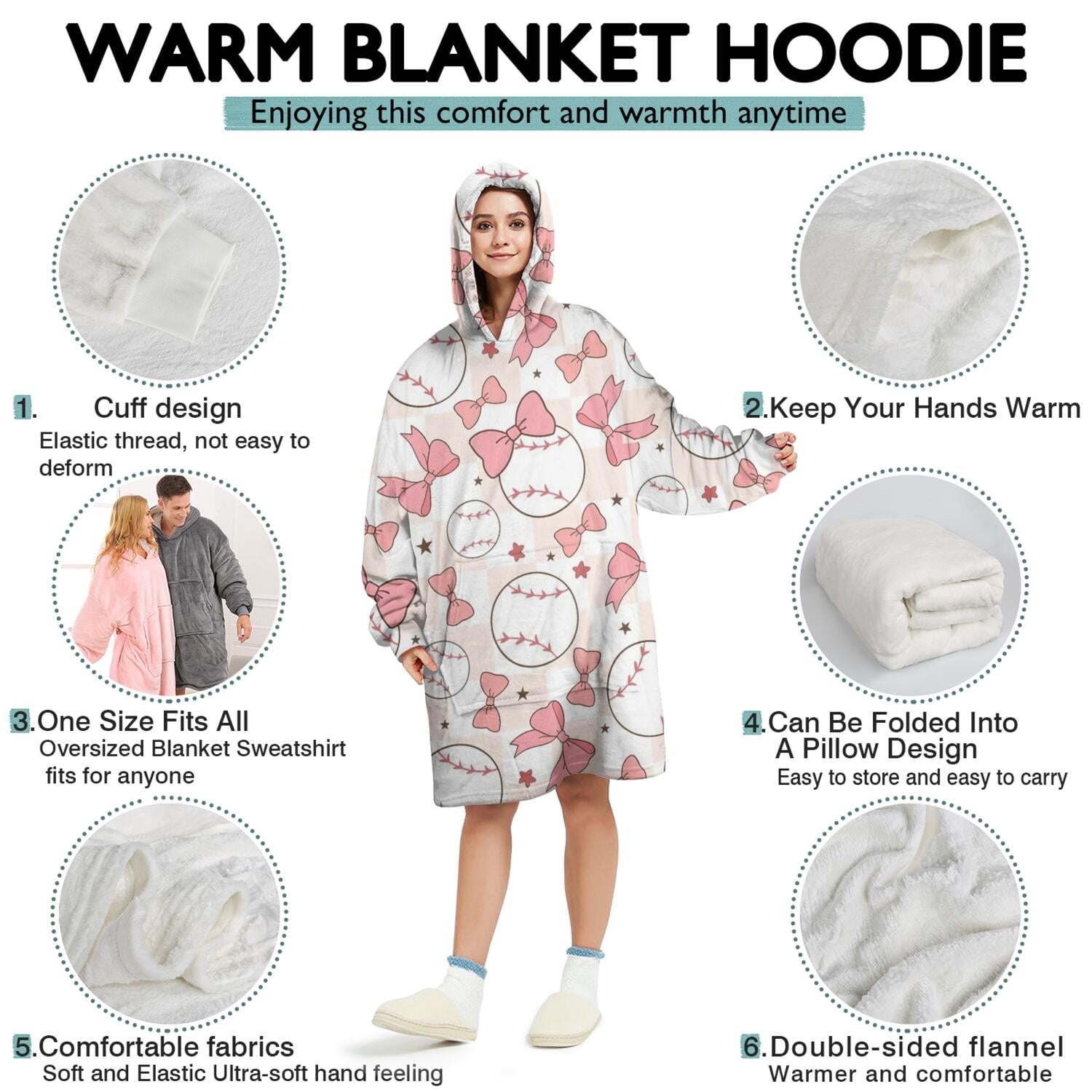 Pink Baseballs with Bows Pattern Wearable Oversized Blanket,Wearable Blanket Hoodie for Adults,Cozy Hooded Blankets with Super Pockets,Super Warm Fuzzy Pullover for Women & Men