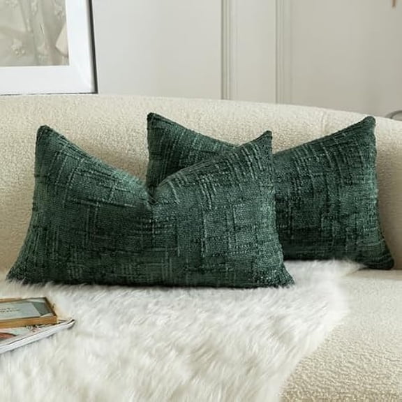 Eryueer Pack of 2 Solid Decorative Soft Chenille Dark Green Cushion Covers 30x50cm 12x20 Inch Lumbar Accent Solid Throw Pillow Case Soft Cozy Luxury Pillow Covers for Sofa Couch Bedroom