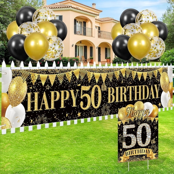 50th Birthday Yard Signs with Banner Black Gold 50th Birthday Lawn Sign with Banner Balloons 50 Years Celebration Party Decor for Men Women Outdoor Indoor Cheers to Fifty Years Old