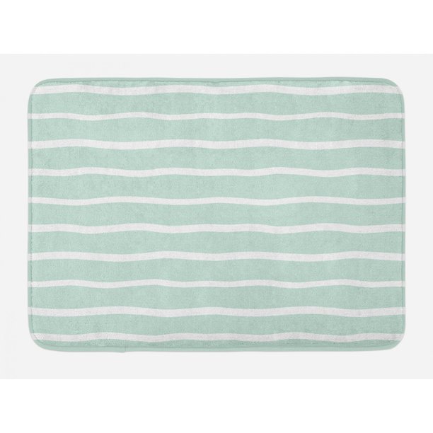 Mint Bath Mat, Horizontal Wavy Lined Color Striped Abstract Soft Toned