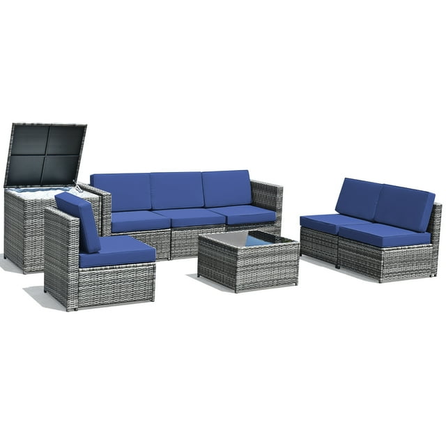 Patiojoy Ensemble de Conversation en Rotin Osier d'Extérieur de 8 Pcs avec Table de Rangement Bleu Marine