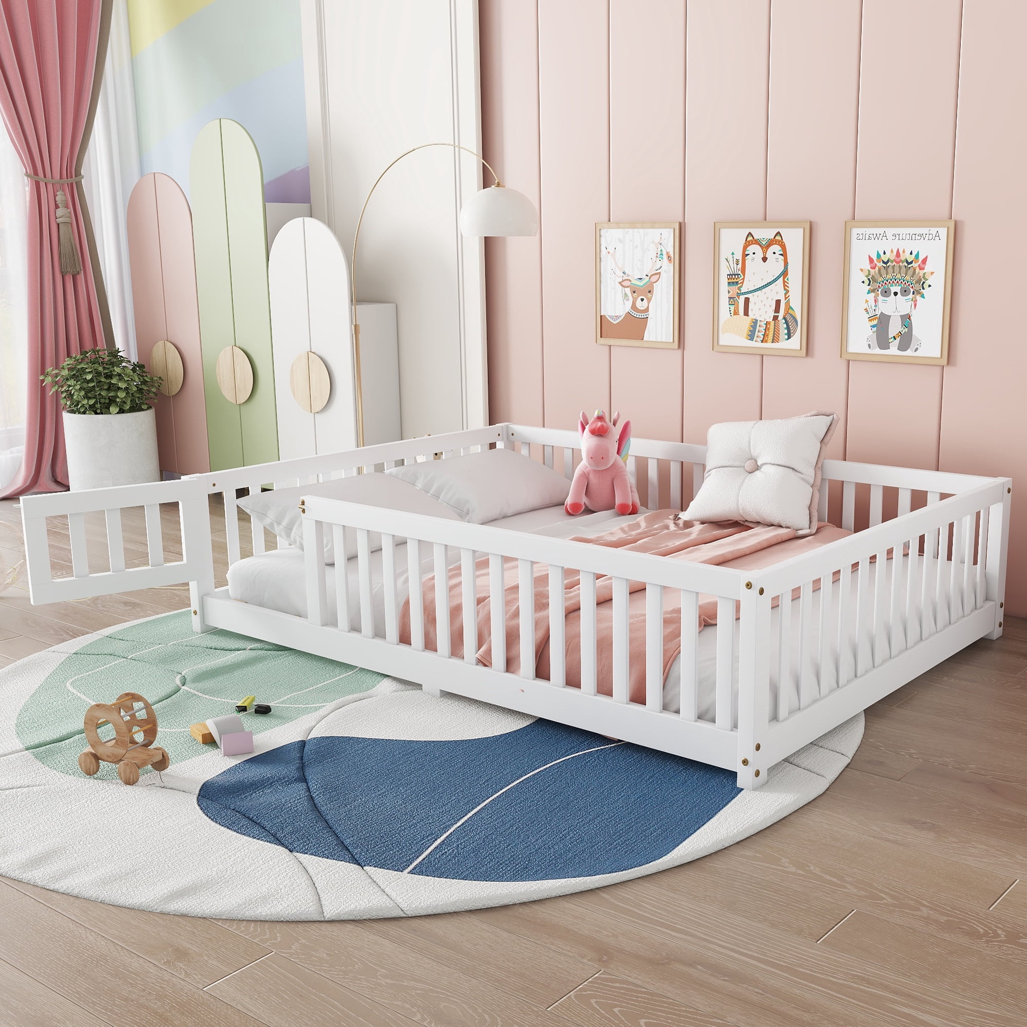 Bellemave Floor Bed with Door and Fence, Full Floor Bed with Bed Slats Sturdy Wood Floor Bed Montessori Bed Frame, Full Size Floor Bed with Fence, White