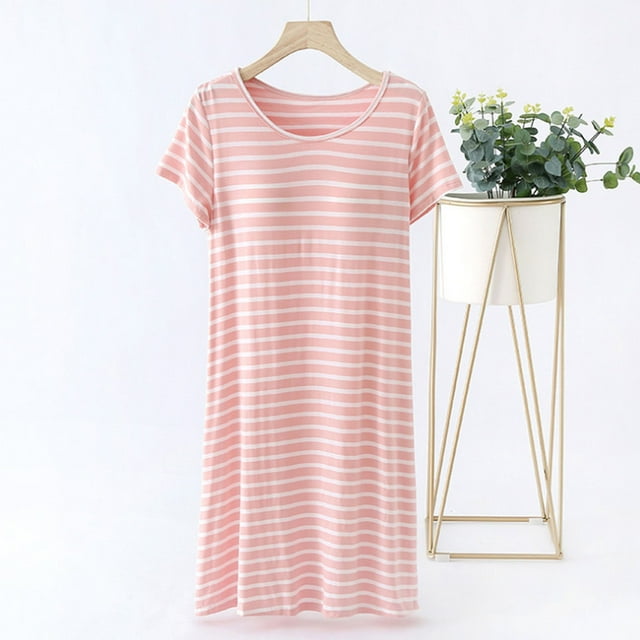 Sakmal Robe de Nuit Légère Courte en Coton Rose pour Femmes Grande Taille, à Rayures, à Manches Courtes, Moomoos pour Femmes