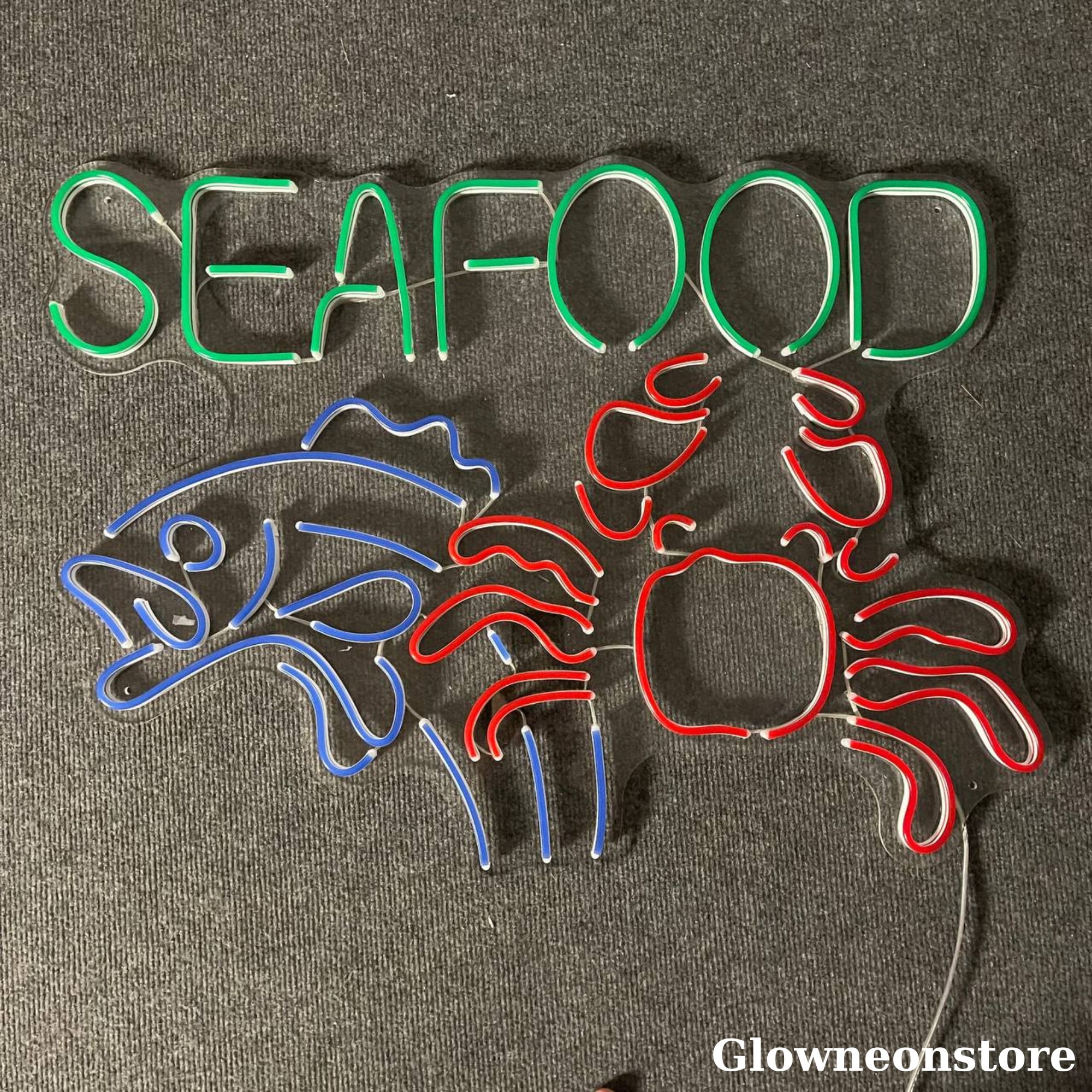 Glowneon Seafood Neon Sign, Crab and Fish Led Sign, Welcome Open Seafood Restaurant LED Light Wall
