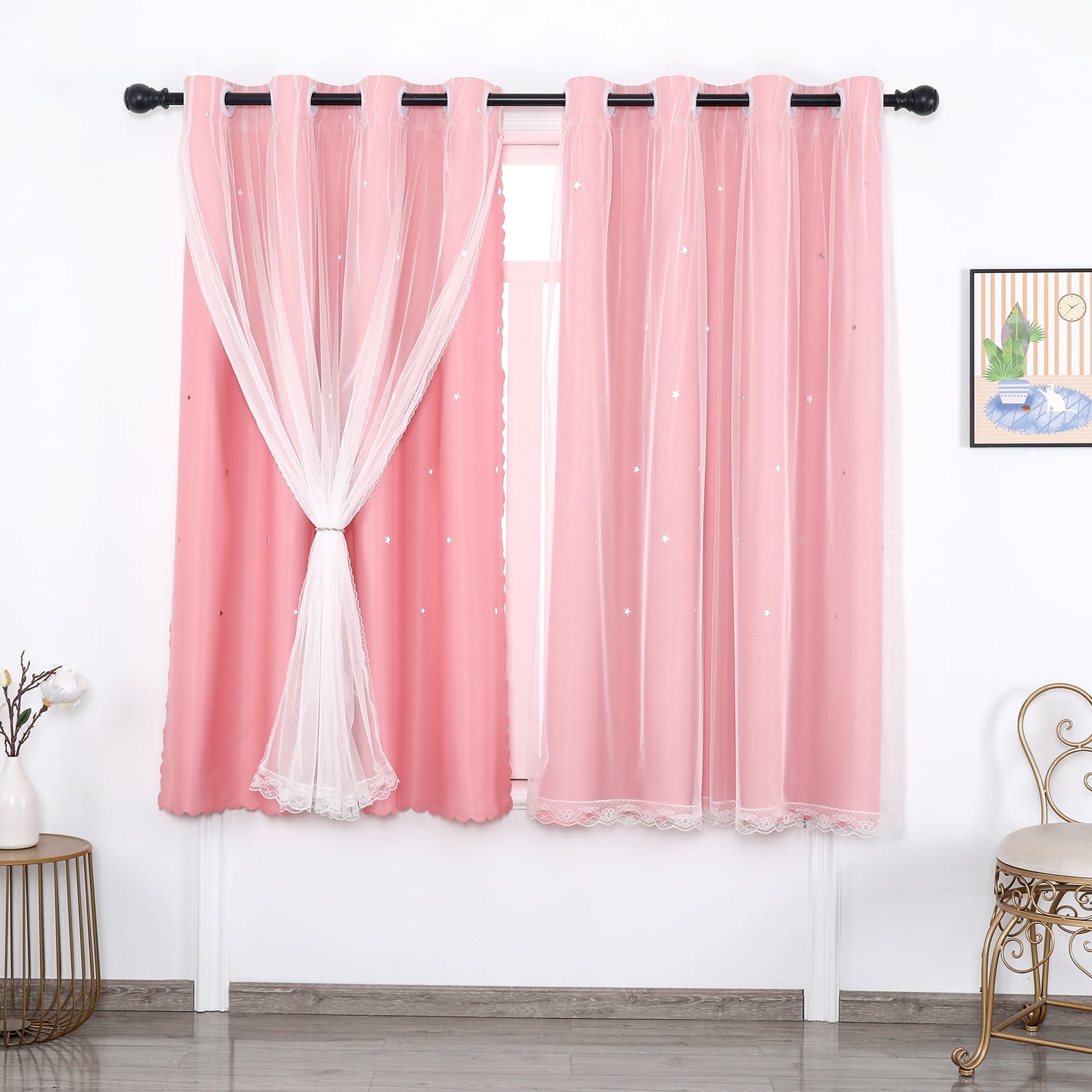 Psoiuetr Blackout Gradient Ombre Curtains for Kids Girls Bedroom Living Room Decor Rainbow Double Layers Star Cut Out Stripe Pink Grommet Window Curtains,52"x63",1 Panel