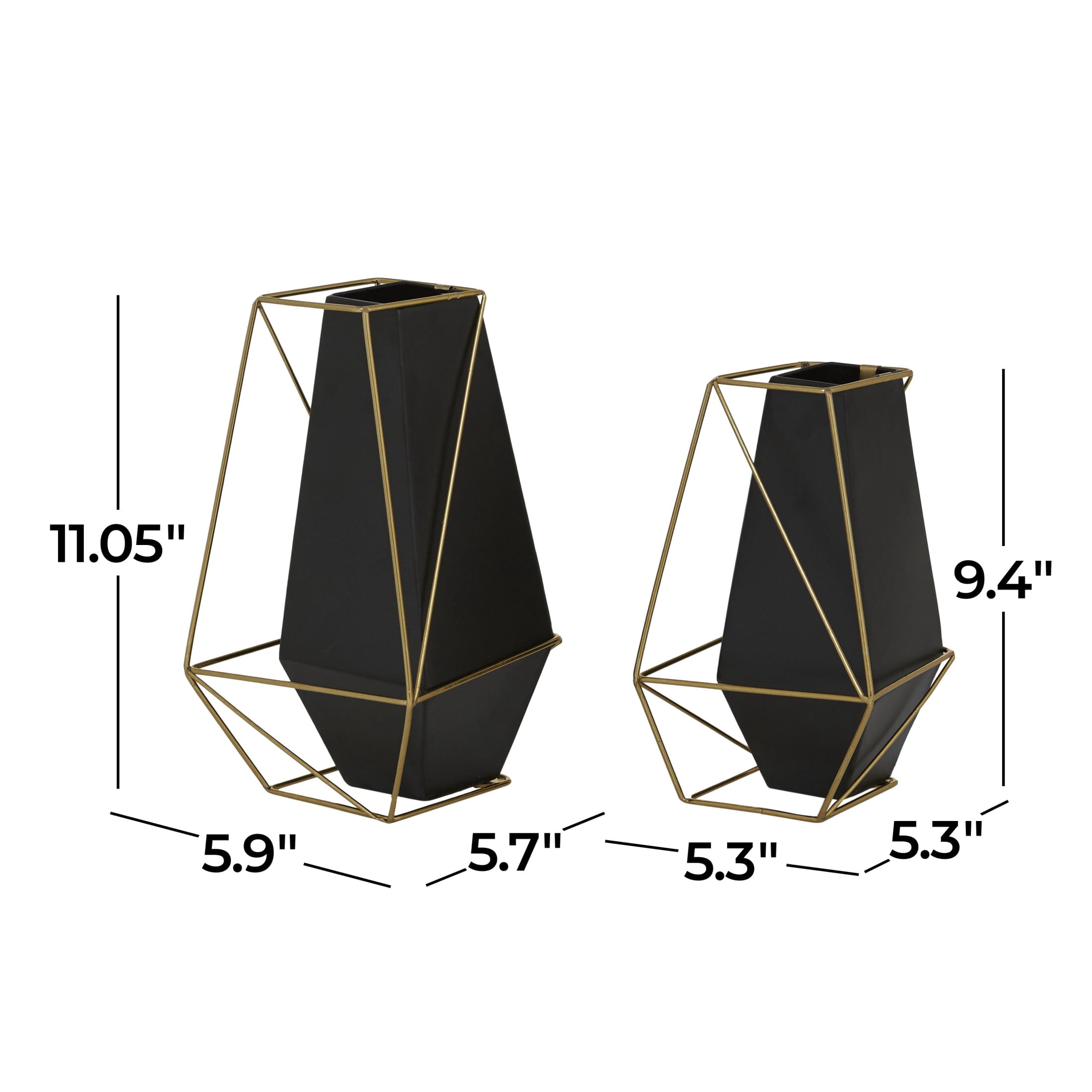 DecMode 11", 9"H Geometric Black Metal Vase with Gold Wire Accents, Set of 2