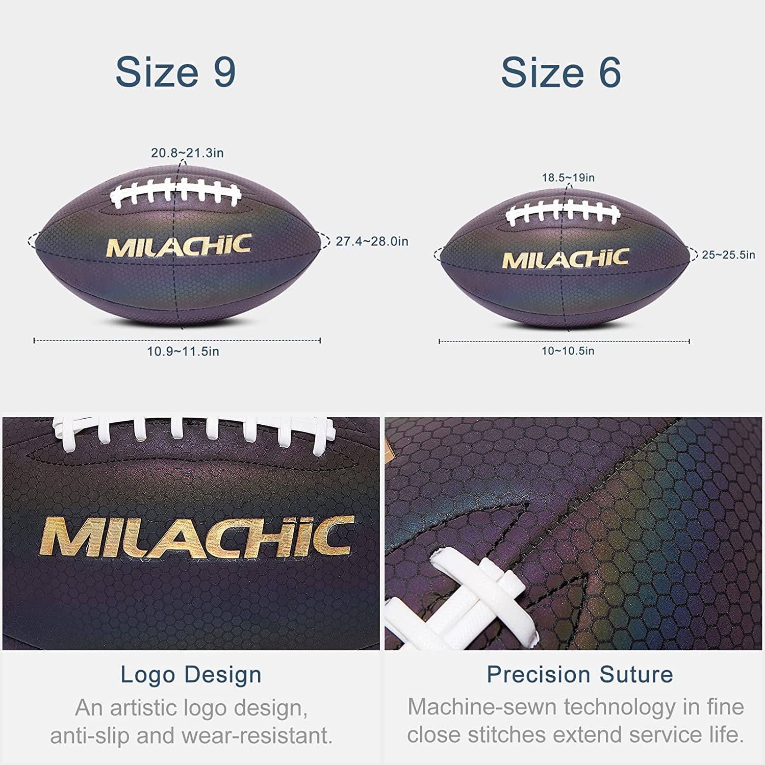 MILACHIC Football, Holographic Football - Reflective Glowing Footballs for Kids, Teens and Adults, Composite Leather Football with Pump (Official Size 9 & Youth Size 6 & Peewee Size 3)