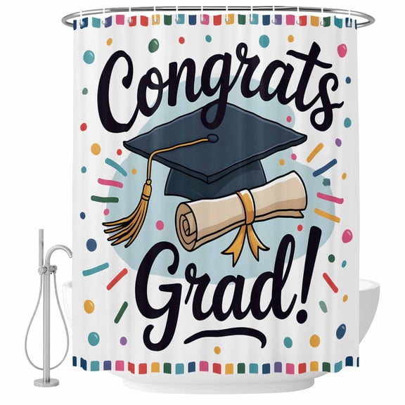 Polyester Fabric Black Blue Graduation Hat Shower Curtain, Funny Words Waterproof Bathtub Curtain Bathroom Decor Set with Hooks 36 x 72 Inches