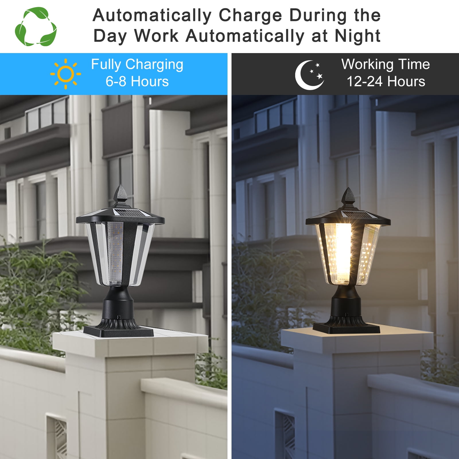 Outdoor Waterproof Solar Lamp Post Light , 15in (H)IP65 3000/6000K LED Lighting Cast Aluminum Dusk to Dawn Solar Post Light Fixture with Pier Mount Base, for Garden Deck Patio,1 pack