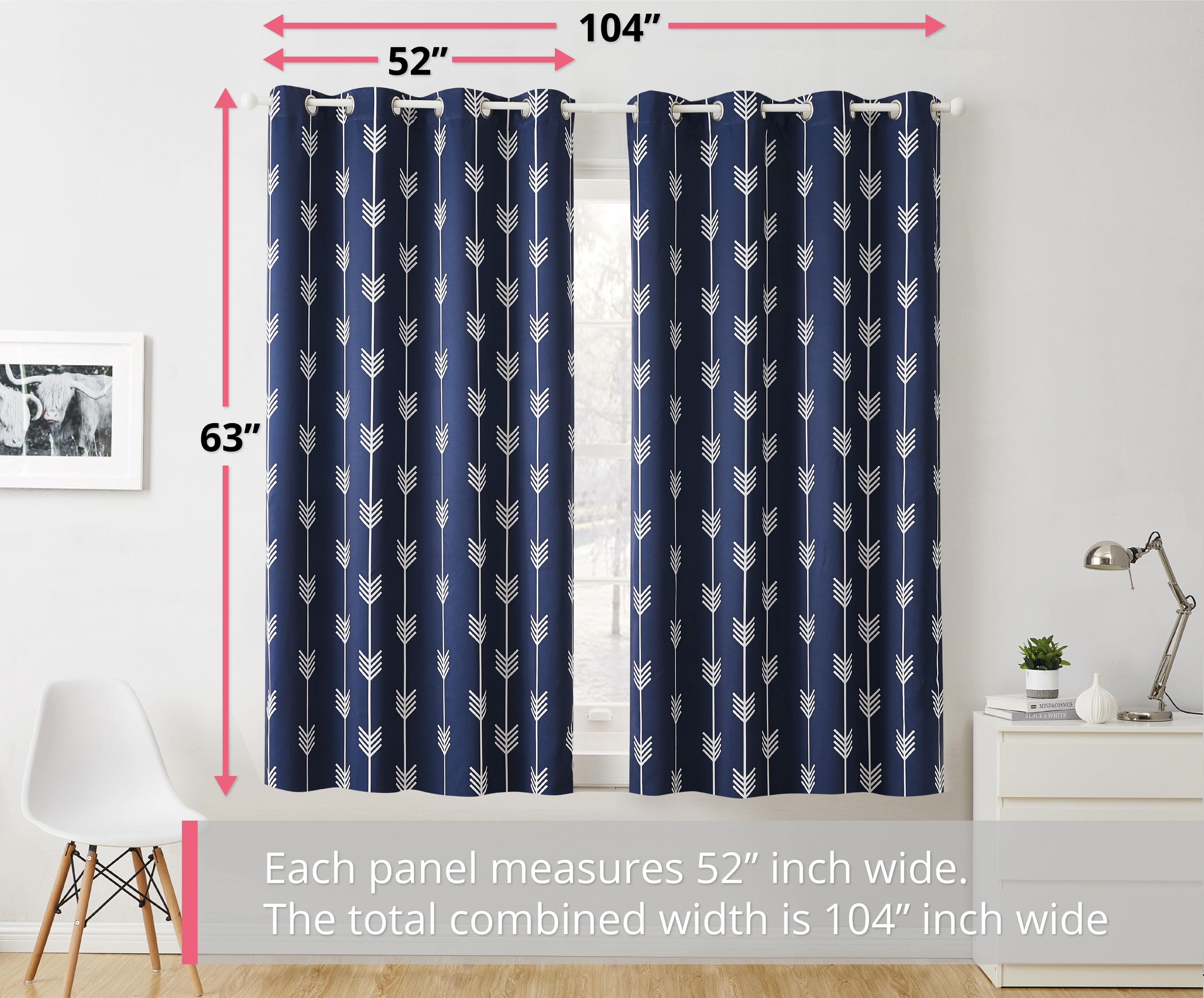 THD Arrow Printed Blackout Room Darkening Thermal Grommet Window Curtain Drape Panels for Living Room - Set of 2 - Navy Blue - 63" inch Long