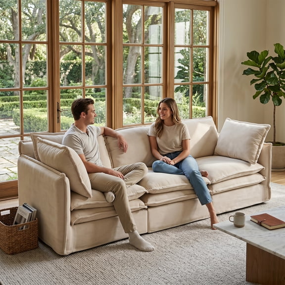 Guyou 87" Modular Sectional Cloud Couch, Chenille Upholstered Deep Seat Sofa Set with Removable Ottoman, Comfy Three-seater Sofa for Living Room, Beige