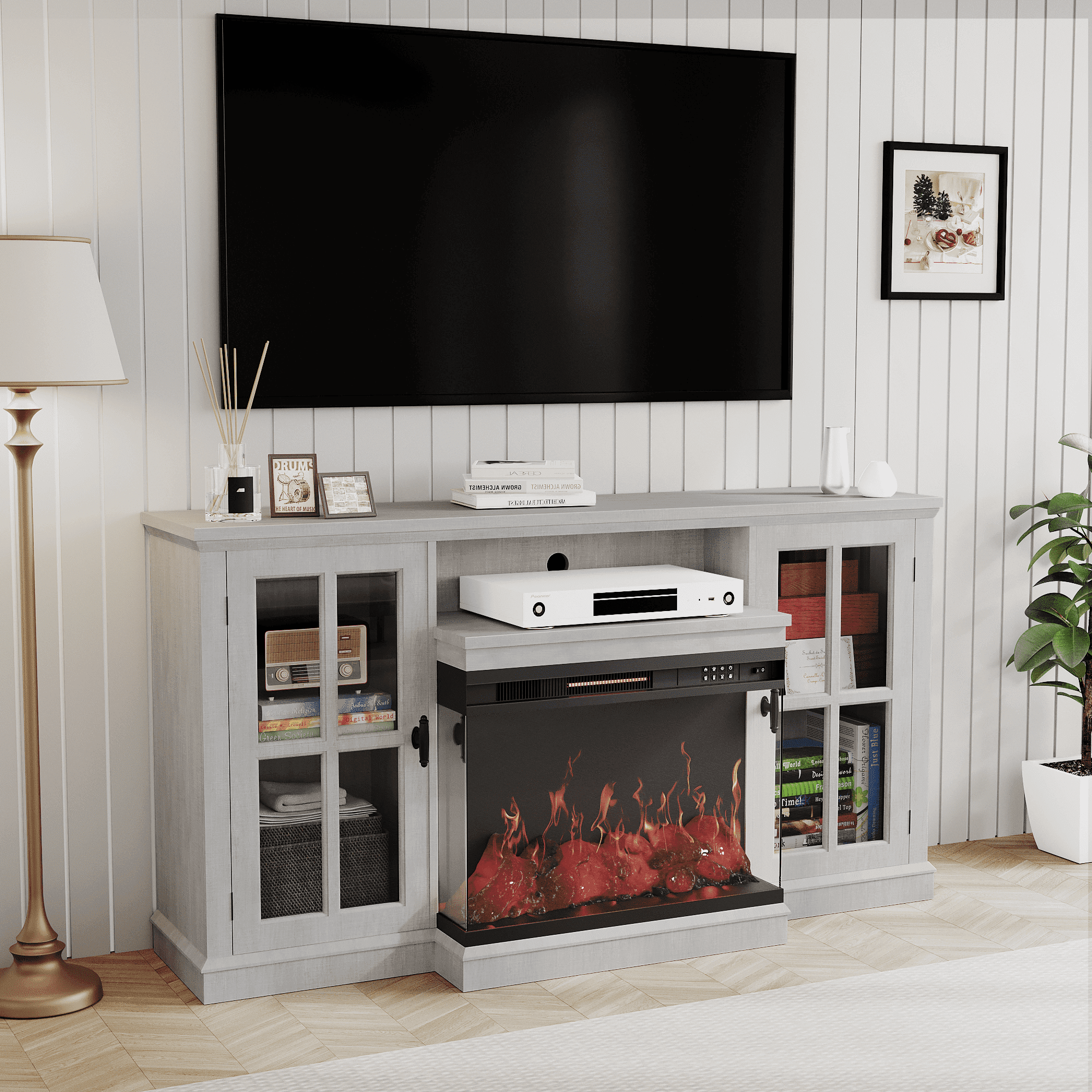 Homall Fireplace TV Stand for TVs up to 65" 3-Sided Glass Modern Media Entertainment Center with Cabniet Storage Adjustable Flame Color Fireplace,Gray