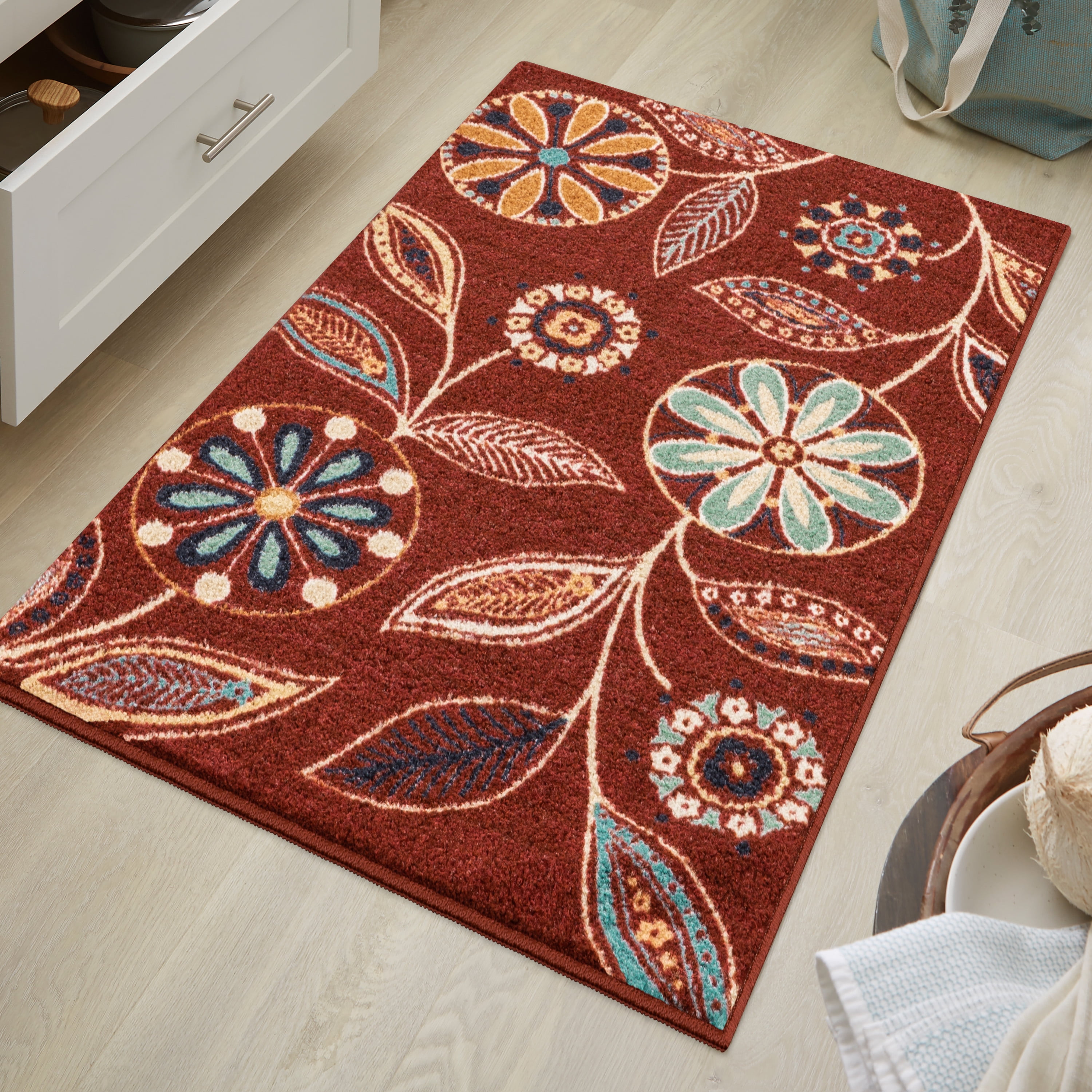 Maples Rugs Reggie Bohemian Floral Merlot Washable Entryway Area Rug, 2'6 x 3'10