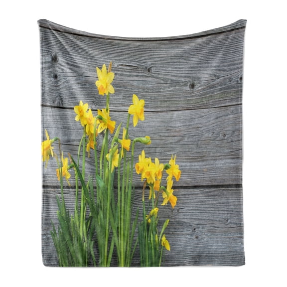 Yellow Flower Soft Flannel Fleece Throw Blanket, Bouquet of Daffodils on Wood Planks Gardening Rustic Country Life Theme, Cozy Plush for Indoor and Outdoor Use, 70" x 90", Yellow Grey, by Ambesonne