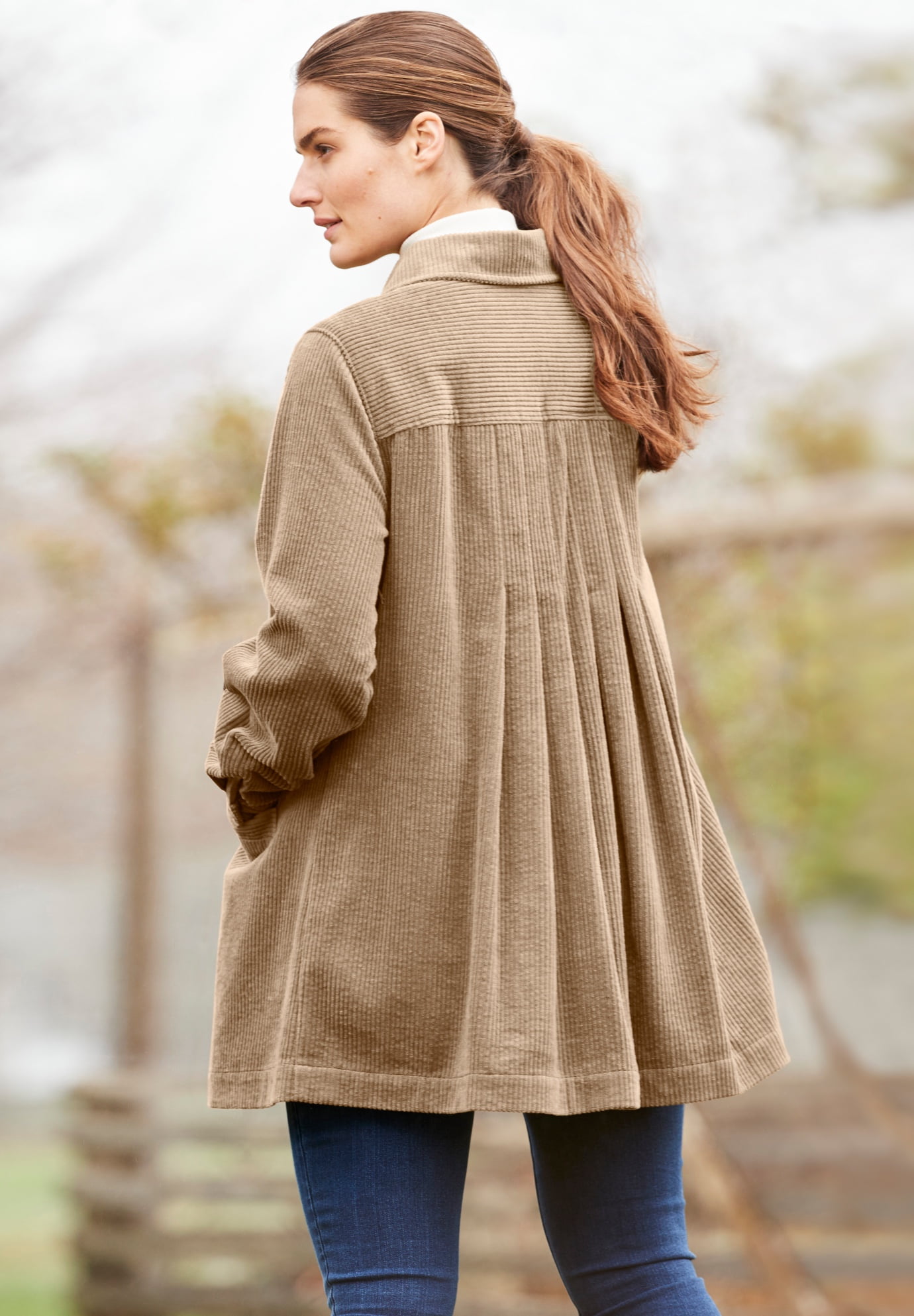 Plus Size Pleat-Back Corduroy Jacket Long Oversized Barn Coat - image 5