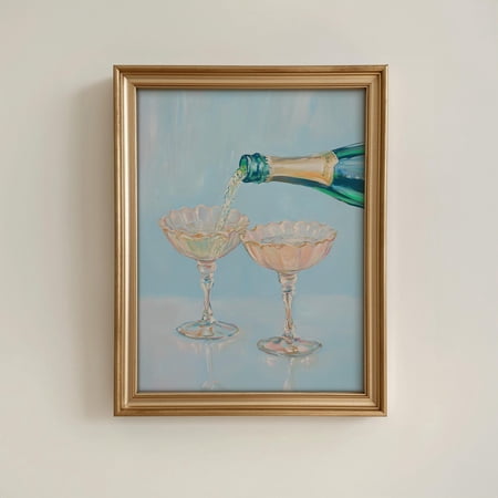 Seashell Wine Glass Champagne Trendy Kitchen Decor Pastel Pink And Blue Girly Dreamy Bar Cart Wall Art Print