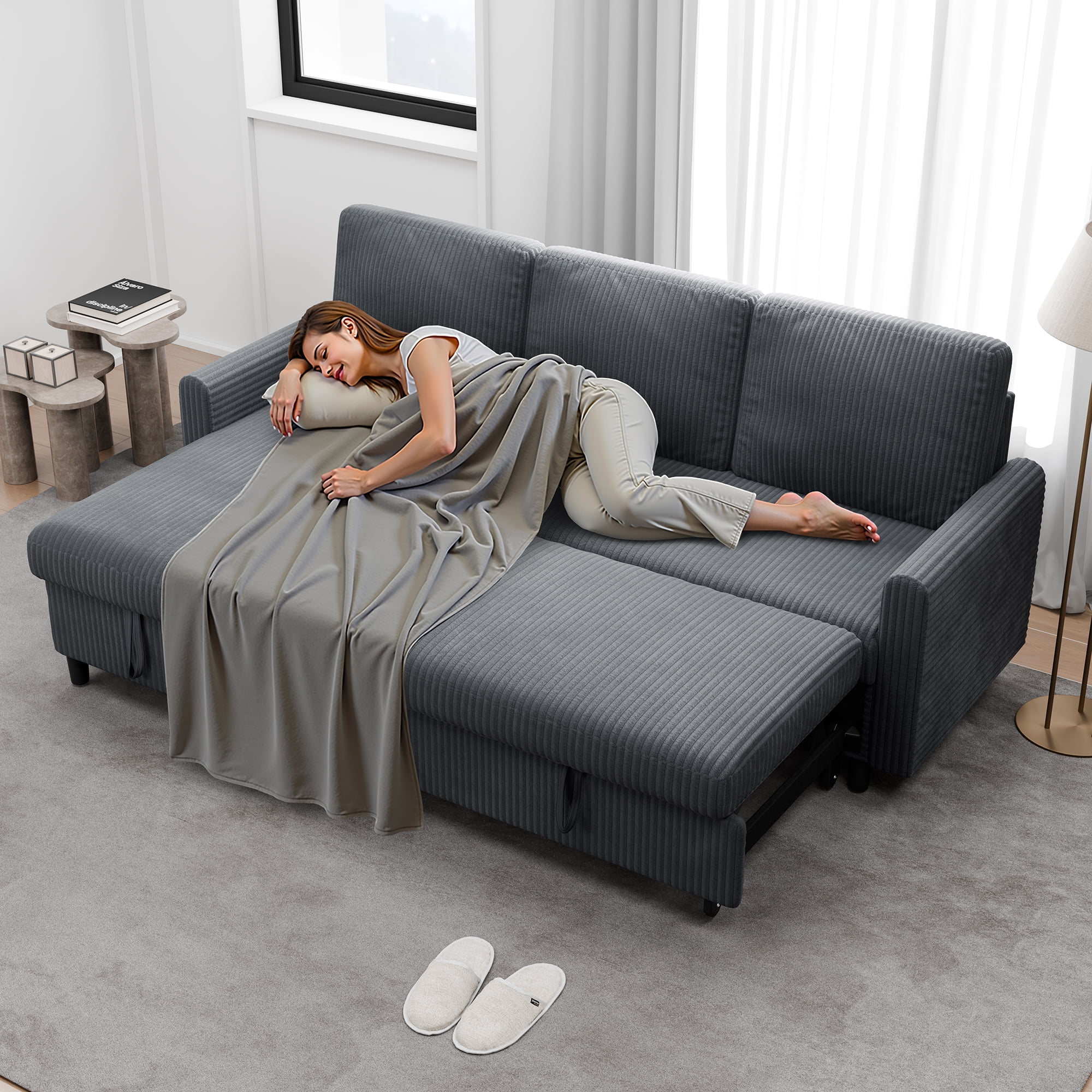 Walsunny Pull Out Sectional Sleeper Sofa Bed L Shape Couches with Reversible Storage Chaise for Living Rooms Small Rooms Apartment,Dark Gray