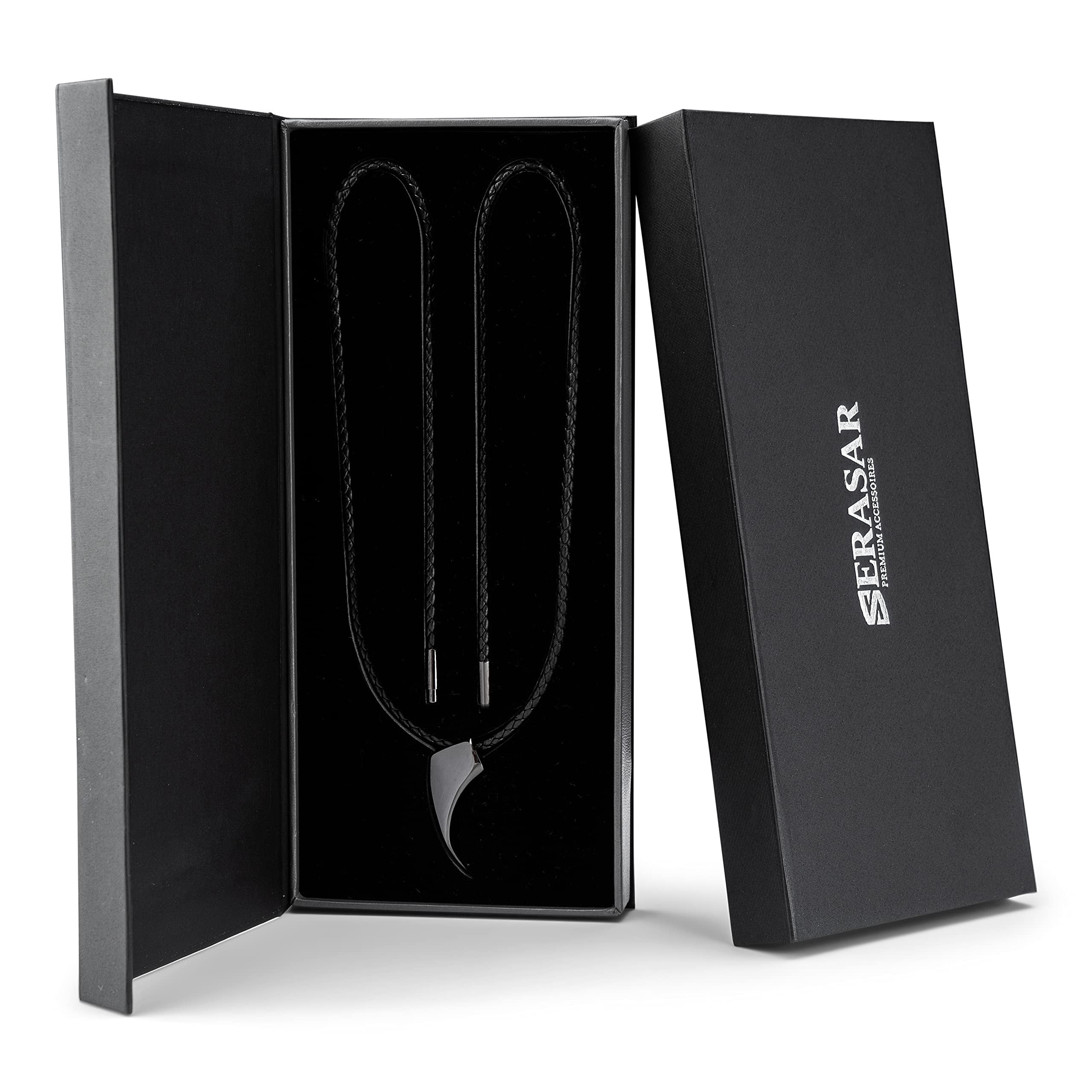 SERASAR Leather Necklace for Men "Wolf" with Stainless steel Pendant and Magnetic Closure, Black 50cm, incliding Gift box