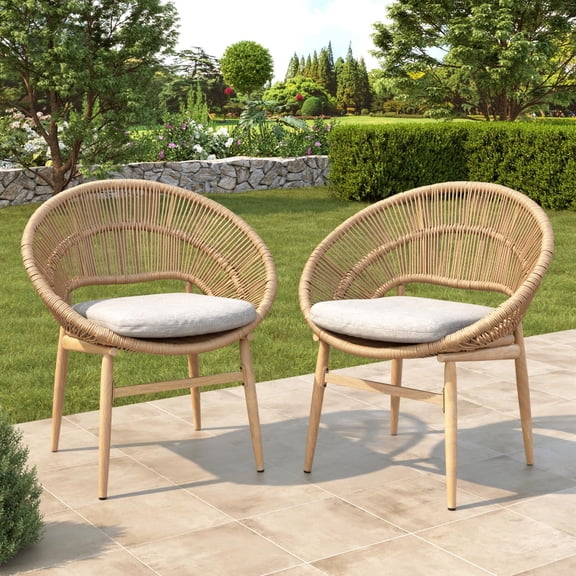 Dining Chairs, Set of 2 Outdoor Papasan Style Dining Chairs PE Wicker With Teak Finish Iron Legs And Beige Cushion, For Patio Dining, Light Brown Beige