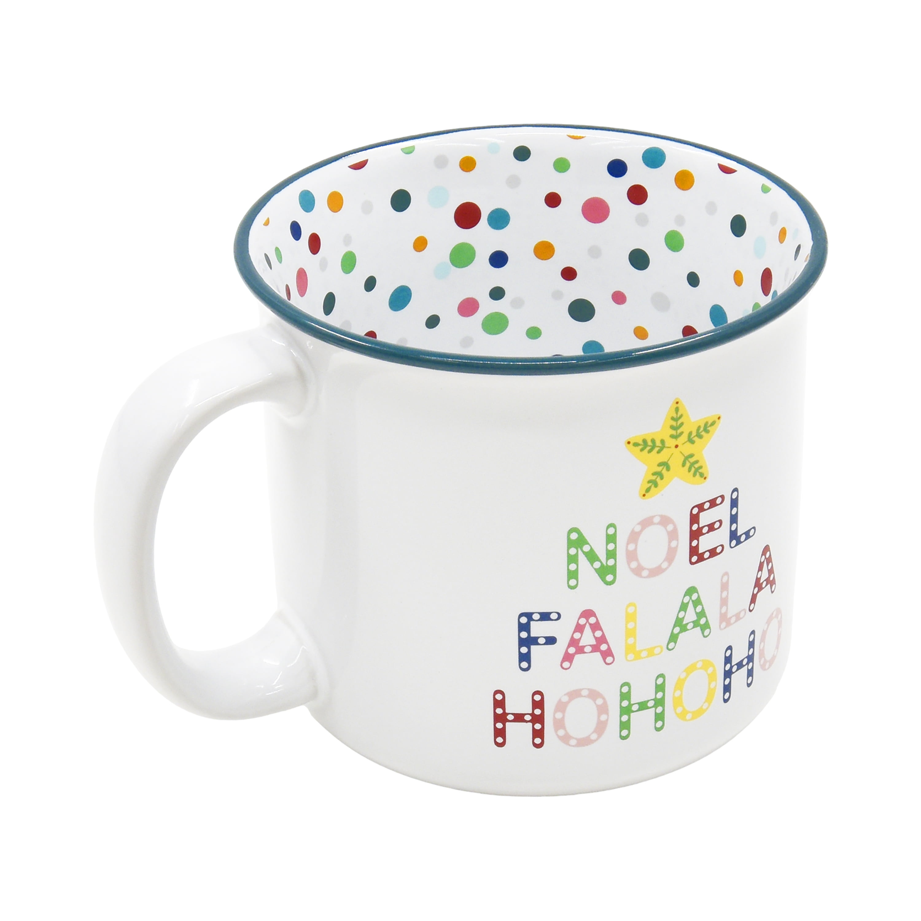 Tasse festive en grès Holiday Time de 15 onces avec inscription « NOEL FALALA HOHOHO » et bord bleu À Pois