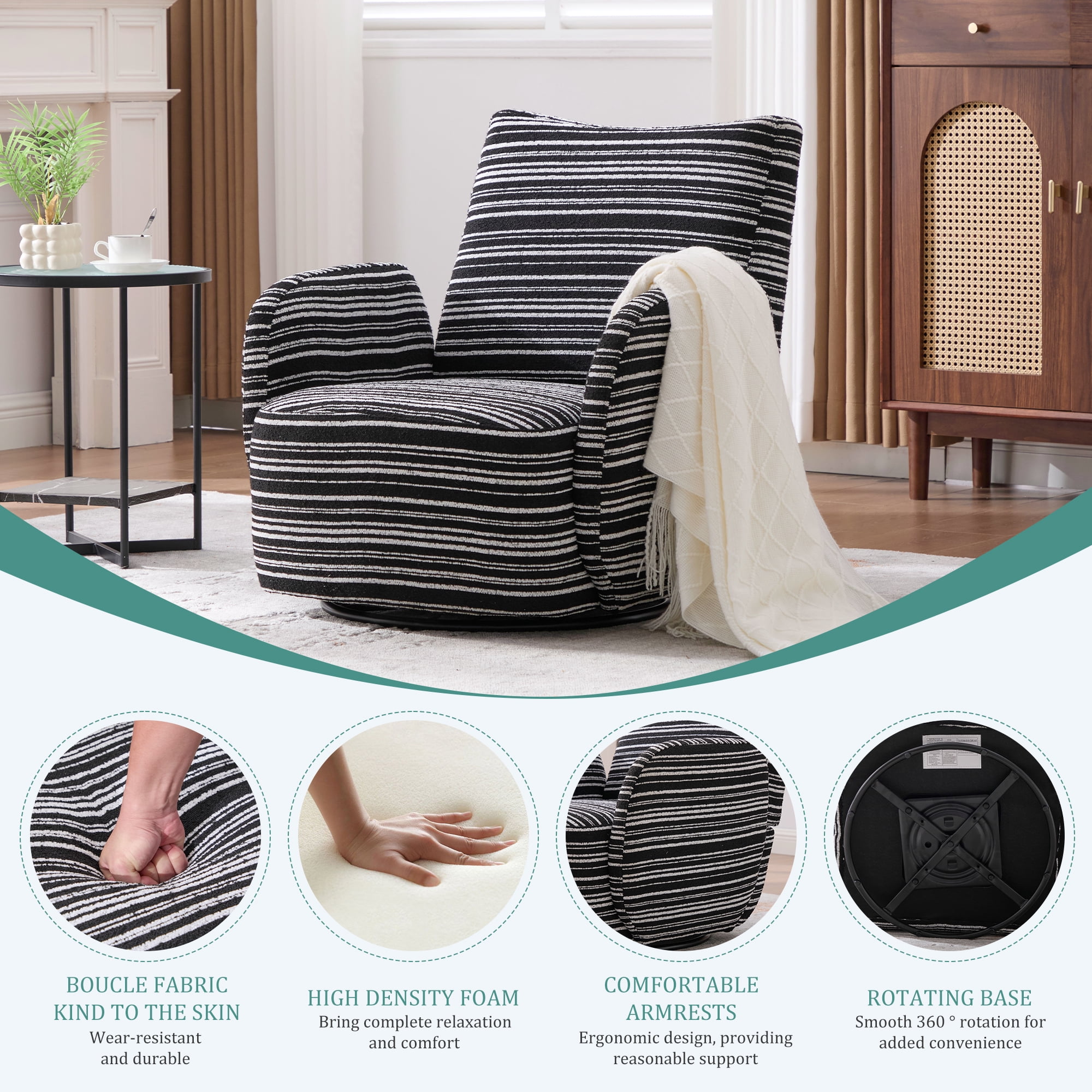 MOONMISS Boucle Upholstered 360°Swivel Fabric Striped Armrest Leisure Chair for Living room-Black