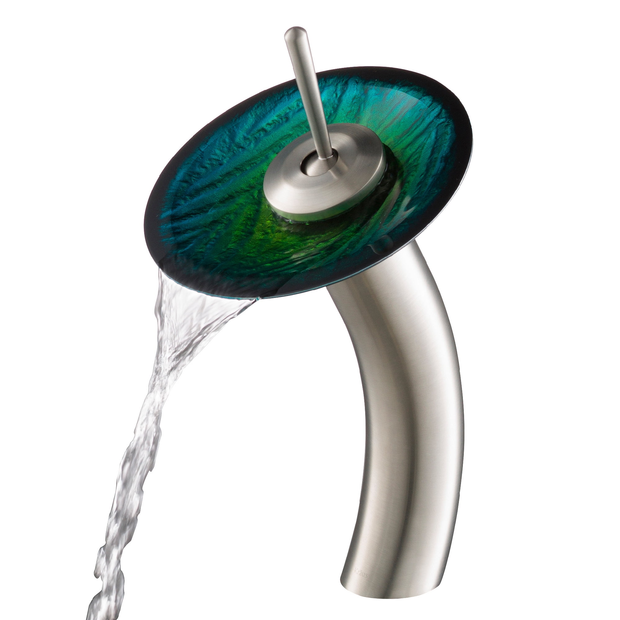 KRAUS Nature Series Green Glass Bathroom Vessel Sink and Waterfall Faucet Combo Set with Matching Disk and Pop-Up Drain, Satin Nickel Finish