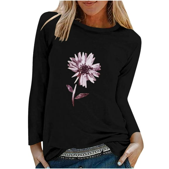 IROINNID Pink Tops for Women Long Sleeves Shirts Printed Round Neck Comfy Tee ,Black
