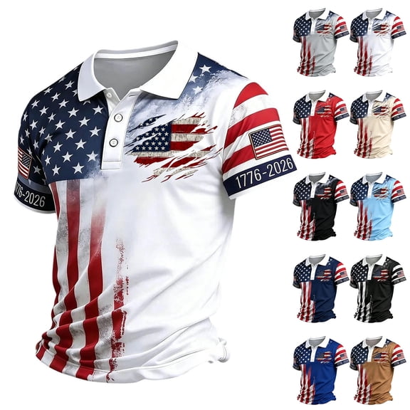Men's 250 Anniversary USA T-Shirt Short Sleeve Polo Shirt 1776-2026 Anniversary Button Up Quick Dry Top