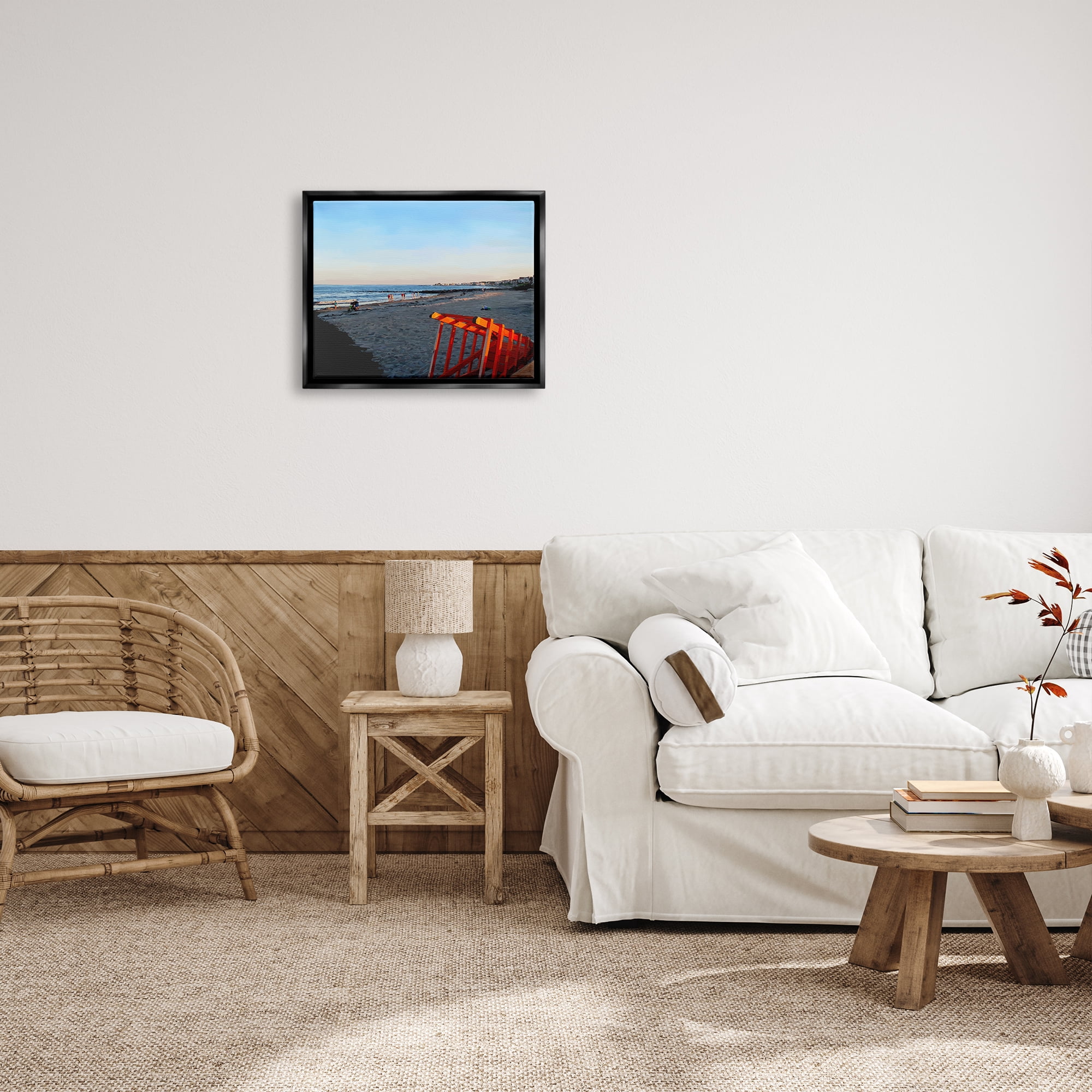 Stupell Beach Walkway People Lounging Landscape Painting Black Floater Framed Art Print Wall Art