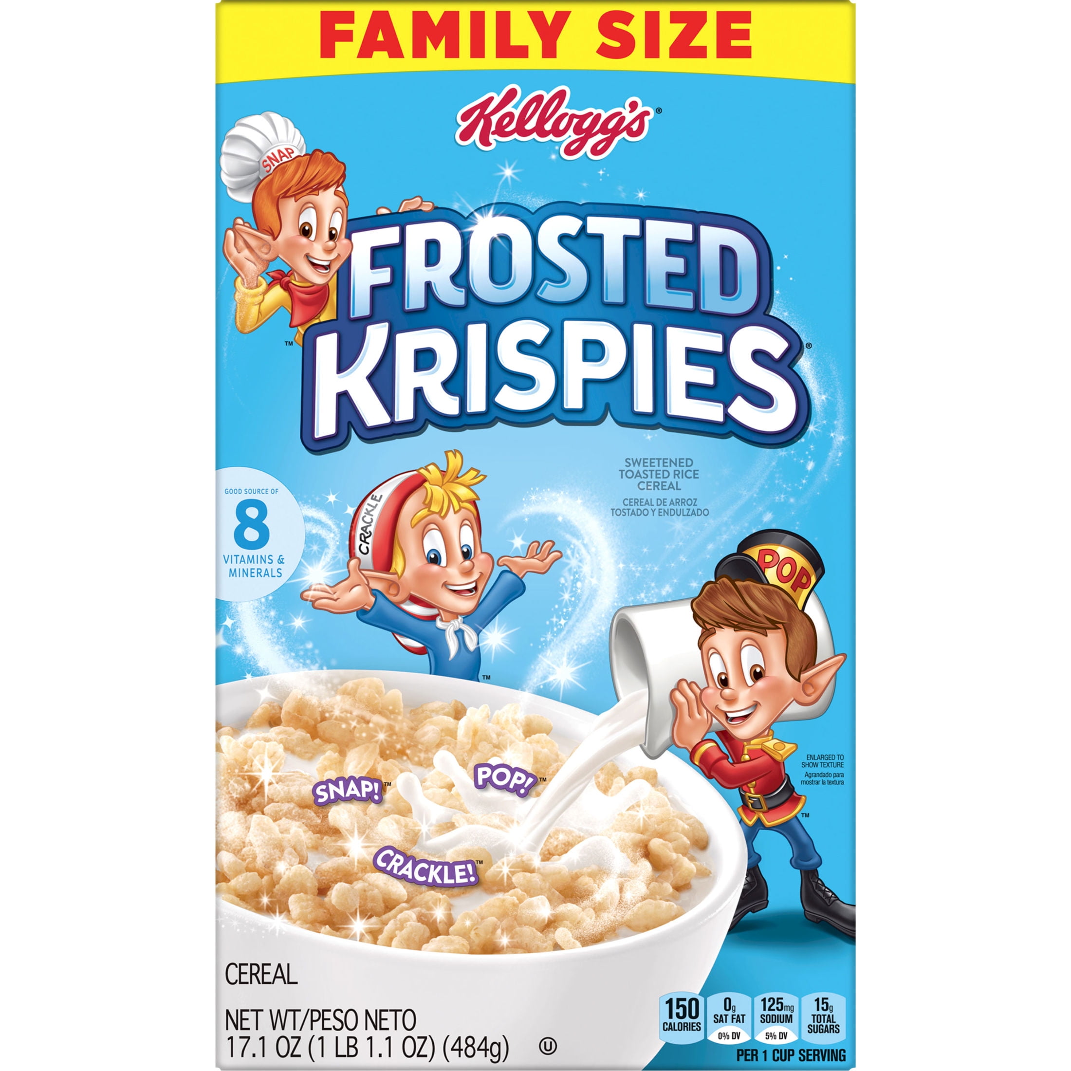 (8 pack) Kellogg's Frosted Krispies Frosted Flavor Breakfast Cereal, Kids Snacks, Family Size, 17.1 oz