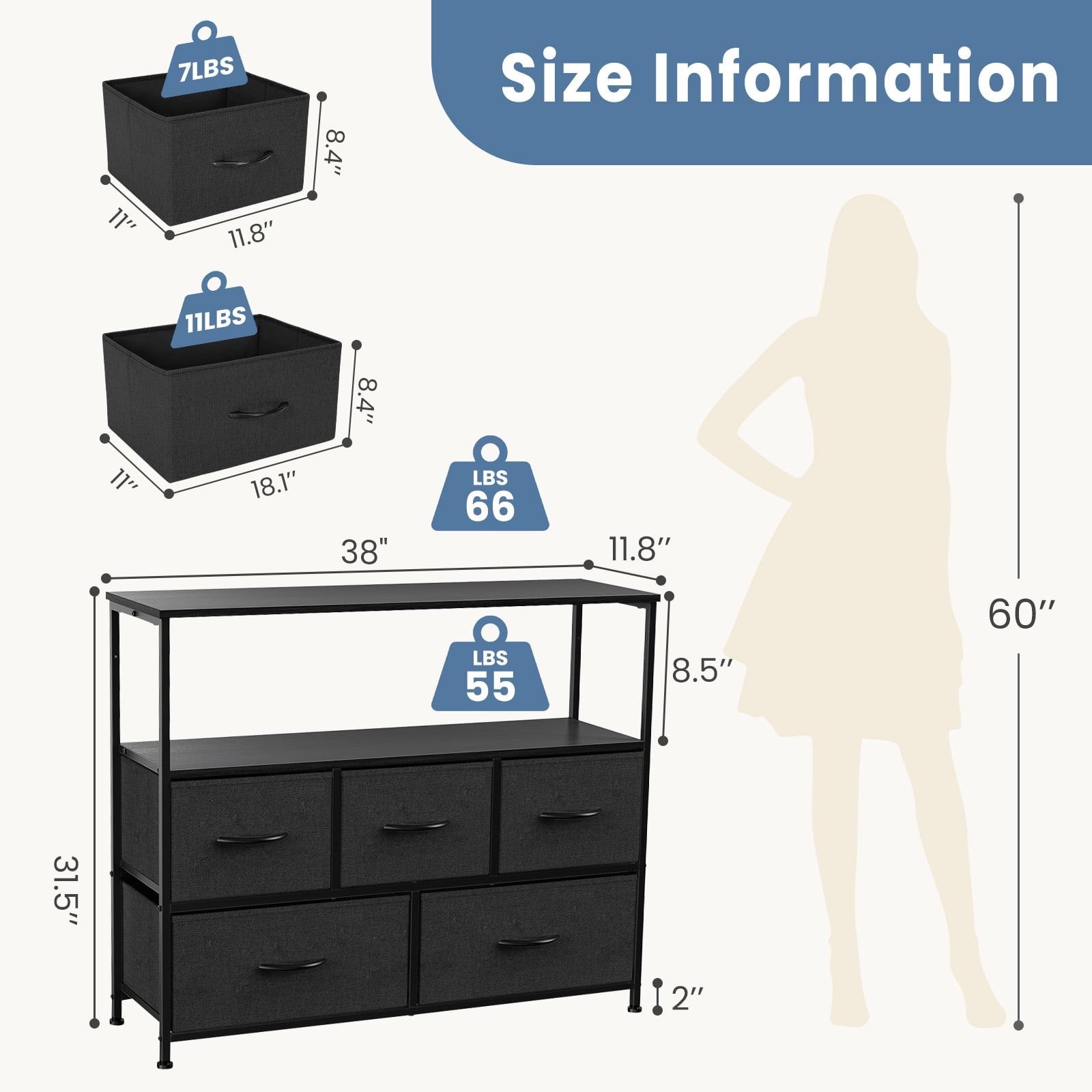 CONCETTA TV Stand Dresser with 5 Fabric Drawers and Open Shelving, Multi-functional Storage Unit Fits TV up to 45 inches for Bedroom Living Room Hallway, Black