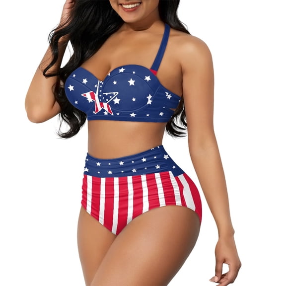 Yuyamidu Fashion Lace up Bathing Suits for Women American Flag High Waisted Bikini Set, 2 Pcs Adjustable Strap Swim Suits Size M Summer Backless Swimsuit for Surfing Swimming