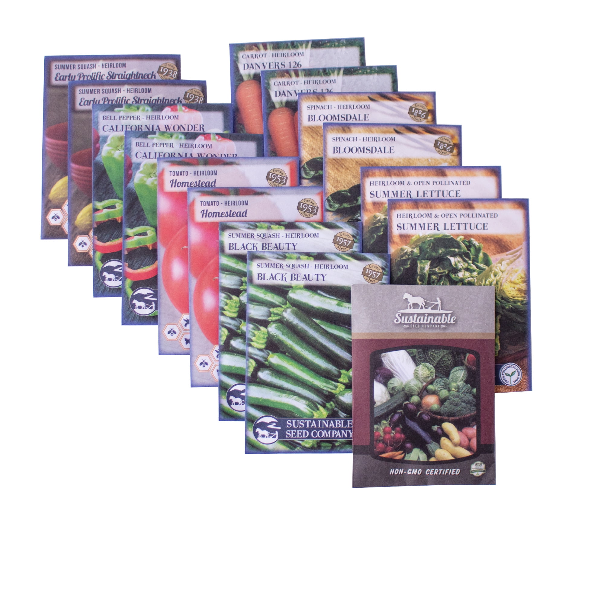 15-Pack Non-GMO Market Garden Heirloom Seed Collection - Homestead Tomato, Straightneck Squash, Contender Bush Bean, Danvers 126 Carrot, Bloomsdale Spinach, Summer Bibb Lettuce, Bell Pepper, Zucchini