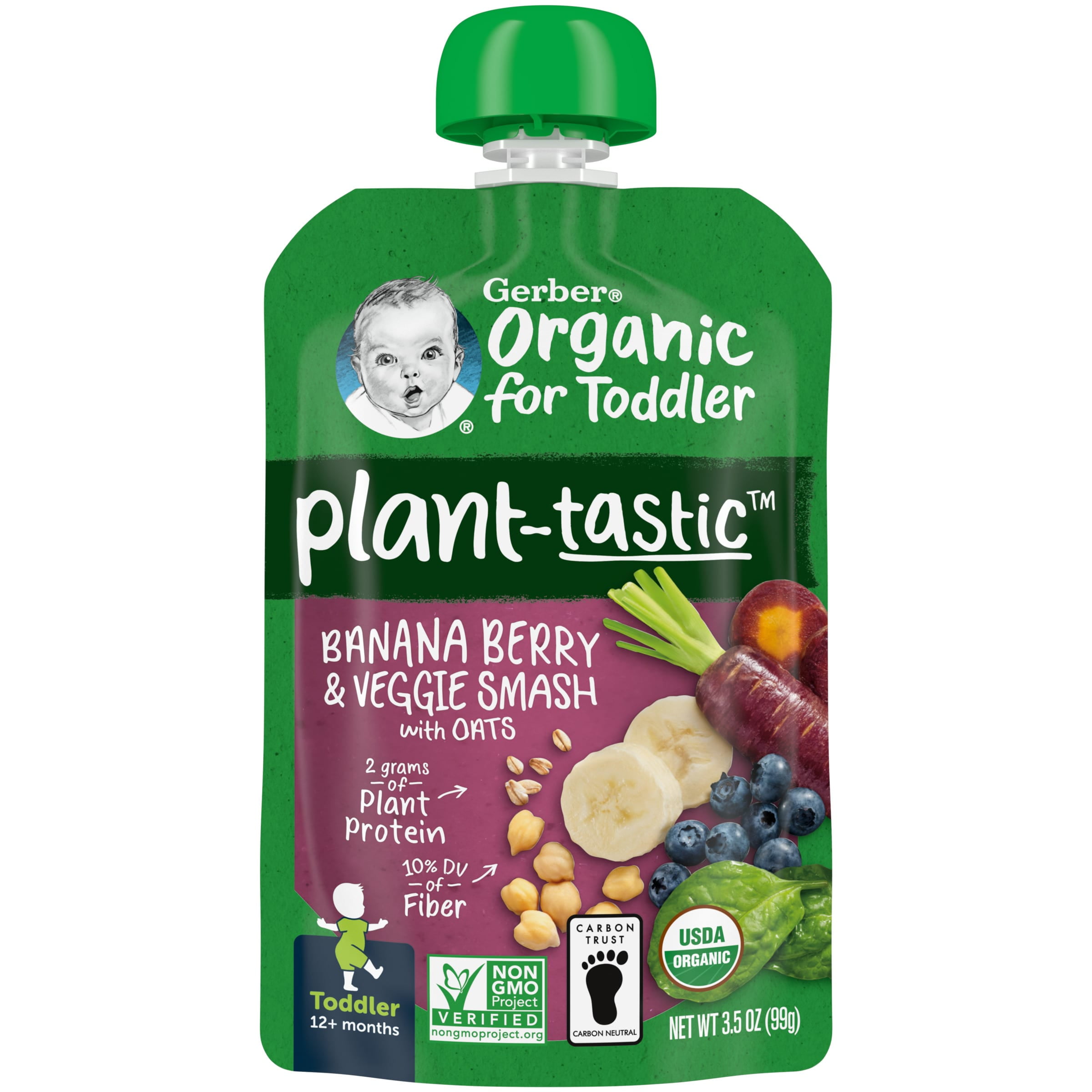 Gerber Organic Baby Food, Toddler, Plant-tastic, Banana Berry & Veggie Smash, 3.5 oz Puree Pouch