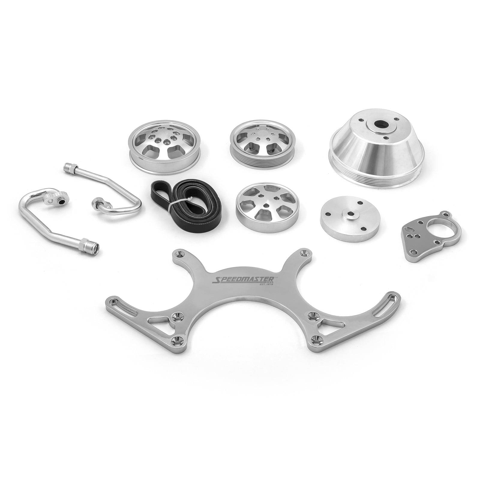 Speedmaster 1-673-001-02 Compatible with Chevy SBC 350 Aluminum Complete Serpentine Belt Drive System Kit [Polished]