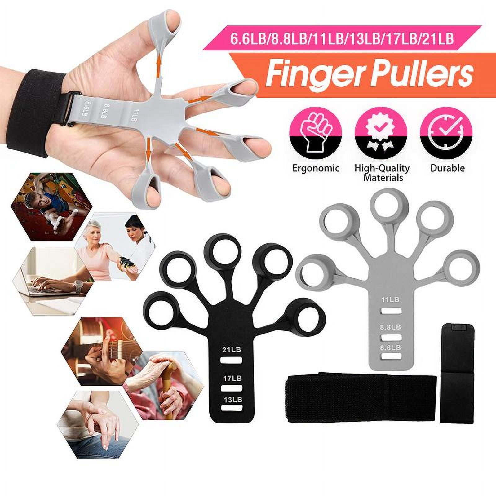 Finger trainer, wrist tension device, 6 wristbands, and 6 trainers (3 gray and 3 black)