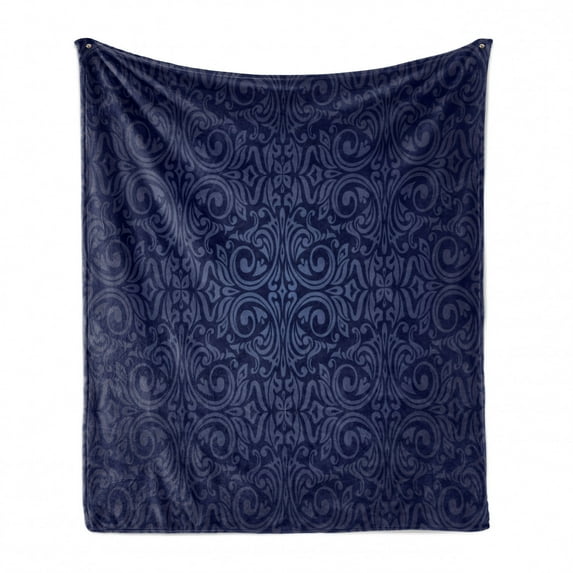 Indigo Soft Flannel Fleece Throw Blanket, Victorian Vintage Royal Times Inspired Floral Leaves Swirls Image Artprint, Cozy Plush for Indoor and Outdoor Use, 70" x 90", Dark Blue, by Ambesonne