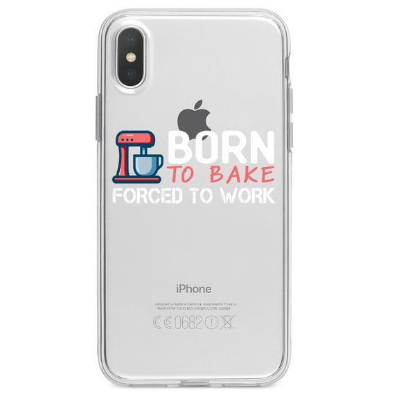DistinctInk Clear Shockproof Hybrid Case for iPhone XS Max (6.5" Screen) - TPU Bumper Acrylic Back Tempered Glass Screen Protector - Born to Bake Forced to Work