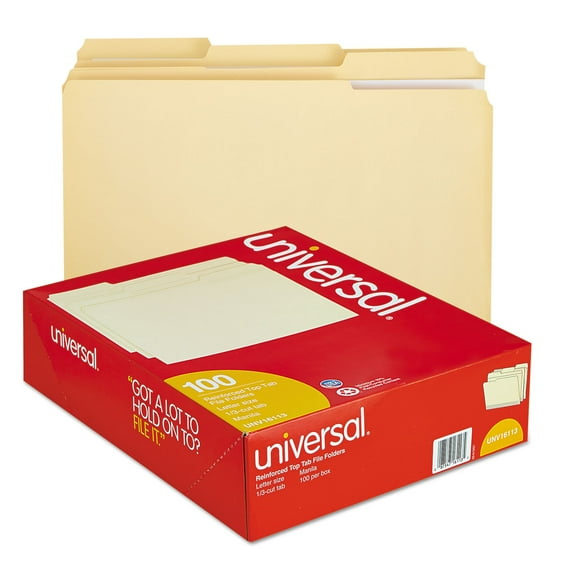 Universal UNV16113EE 2-Ply 1/3-Cut Assorted Top Tab File Folders - Letter Size, Manila (100/Box)