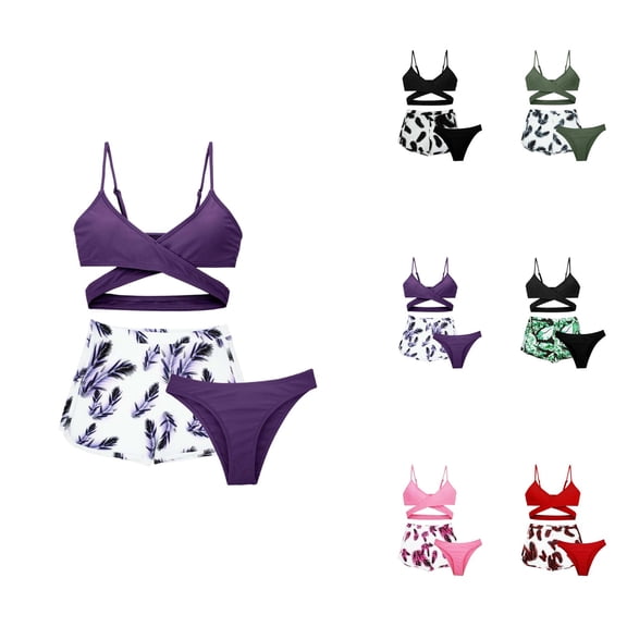 Girls Two-Piece Floral Print Swimsuit Set with Cover-Up Skirt, Stylish Summer Swimwear for Ages 3-12