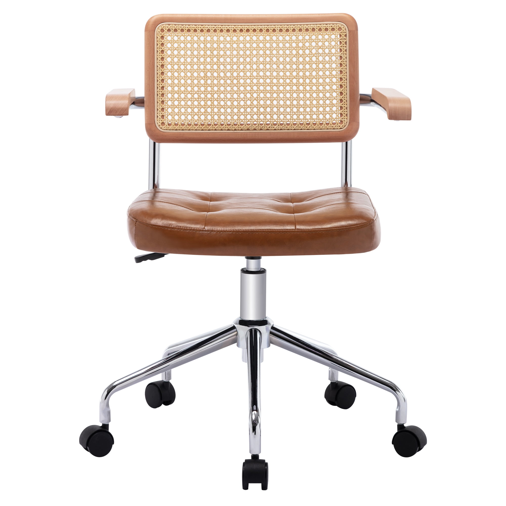 ONEVOG Tufted Leather Desk Chair, Swivel Home Office Chair with Rattan Back, Upholstered Vanity Chair with Arm, Adjustable Height Computer Task Chair, Brown