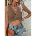 thumbnail image 2 of Women'S Twist Front V Neck Ribbed Knit Sleeveless Sexy- Tank Crop Top Brown XL, 2 of 7