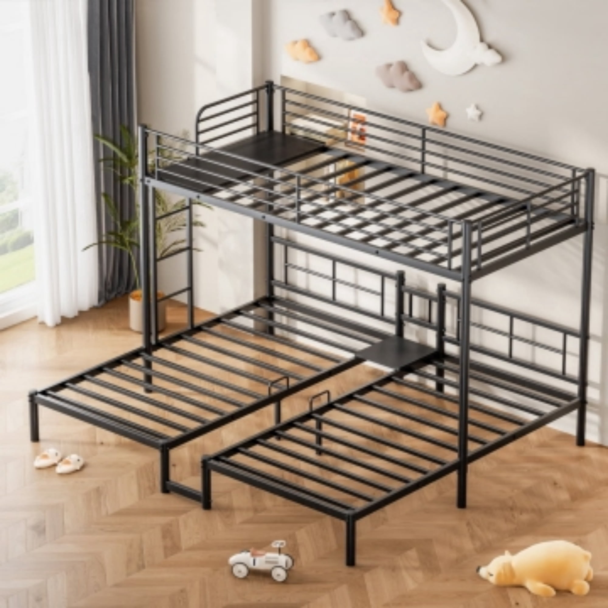 GARITIN Triple Bunk Bed for 3 People Twin XL Over Twin Size, Sturdy Metal Frame with Full Guardrail, Includes Ladder and Storage Shelf, Space Saving Bedroom Furniture, Black